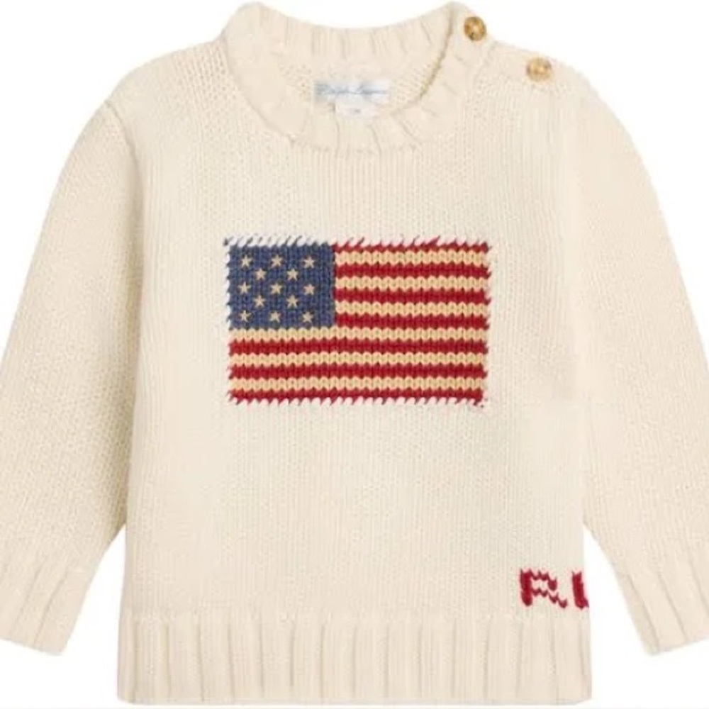 Polo Ralph Lauren Girls American Flag Knit Sweater in “Essex Crème” color